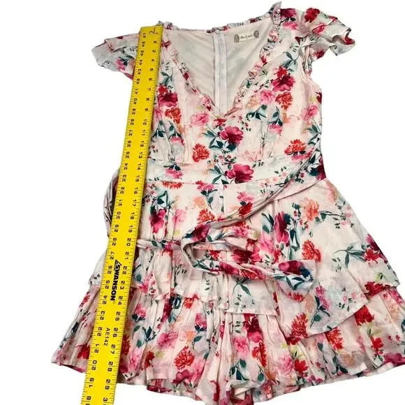 Altar’d State Romper Shorts Womens Small Pink floral Tiered Ruffled Tie V Neck - Picture 5 of 13